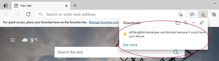The Edge downloads panel showing the file was blocked because it could harm your device
