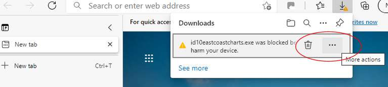 Hovering over the blocked download reveals a dustbin icon and a More actions button